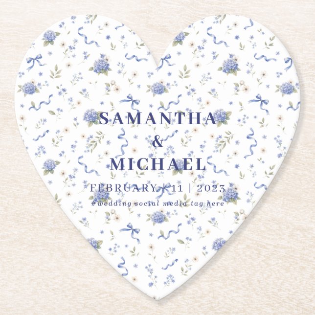 Blue Navy Trend Flowers Floral Patterned Wedding Paper Coaster (Front)