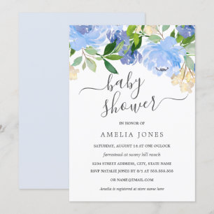 Blue Navy Watercolor Floral Baby Shower Invitation
