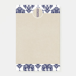 Blue Navy White Glam Damask Kraft Monogram Initial Post-it Notes