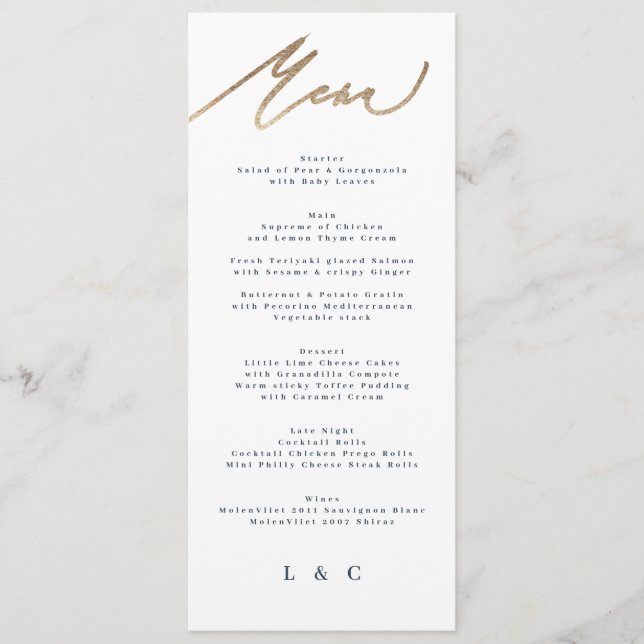 Blue Navy White Gold Elegant Classic Wedding Menu (Front)
