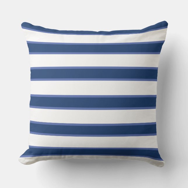 Blue Navy White Nautical Elegant Modern Stripes Outdoor Pillow (Front)
