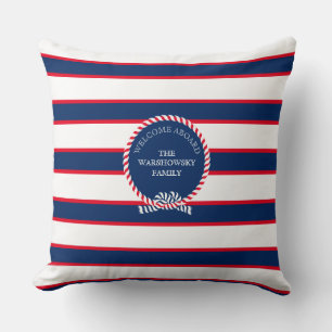 Blue Navy White Red Nautical Monogram Stripe Outdo Throw Pillow