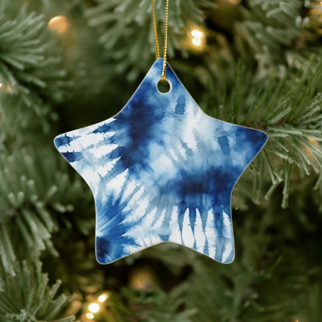 Blue Navy White Stripe Tie Dye Ceramic Ornament (Tree)