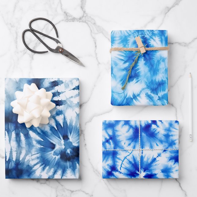 Blue Navy White Stripe Tie Dye Wrapping Paper Sheet (Front)