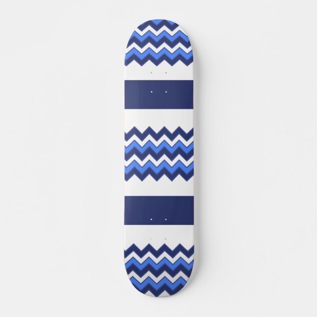 Blue Navy White Zigzag Chevron Striped Pattern Skateboard (Front)