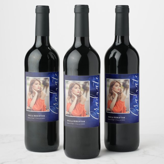 Blue Nebula Space Stylish Modern Photo Graduation Wine Label (Bottles)