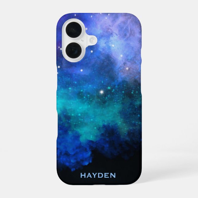 Blue Nebulous Cool Galaxy Personalised iPhone 16 Case (Back)