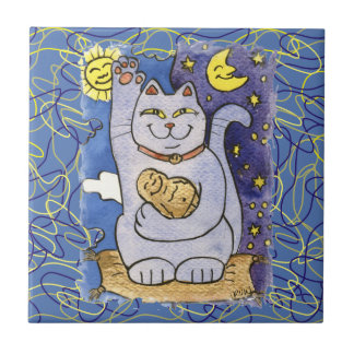 Blue Neko with Buddha on Gold Pillow Tile