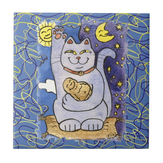 Blue Neko with Buddha on Gold Pillow Tile (Front)