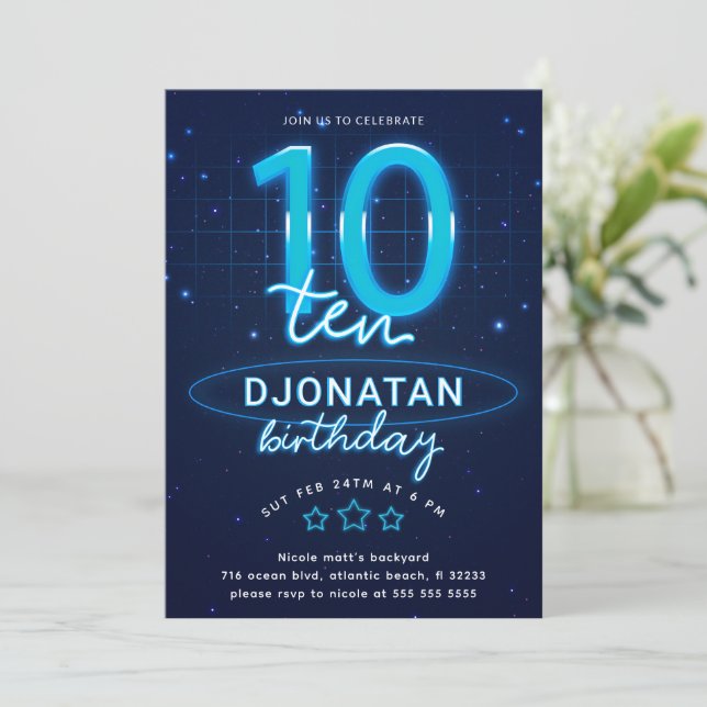 Blue Neon 10th Birthday Party Let's Glow Crazy Invitation (Standing Front)