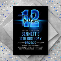Blue Neon 12th Birthday Invitation