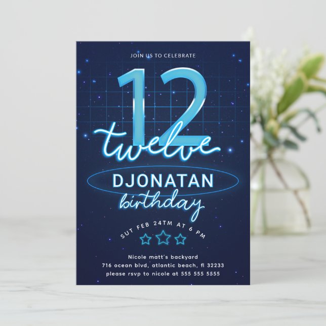 Blue Neon 12th Birthday Party Let's Glow Crazy Invitation (Standing Front)