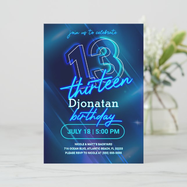 Blue Neon 13e Anniversaire Carte d'invitation (Debout devant)