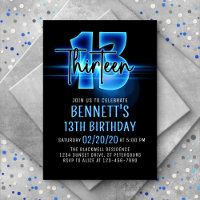 Blue Neon 13th Birthday Invitation