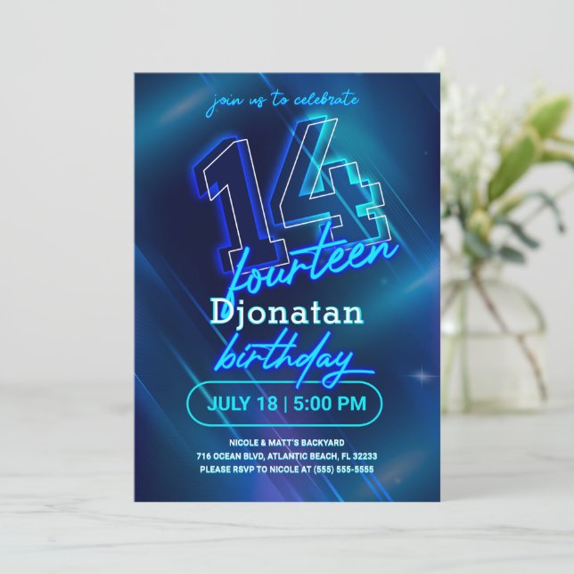Blue Neon 14th Birthday Party Invitation Card (Debout devant)