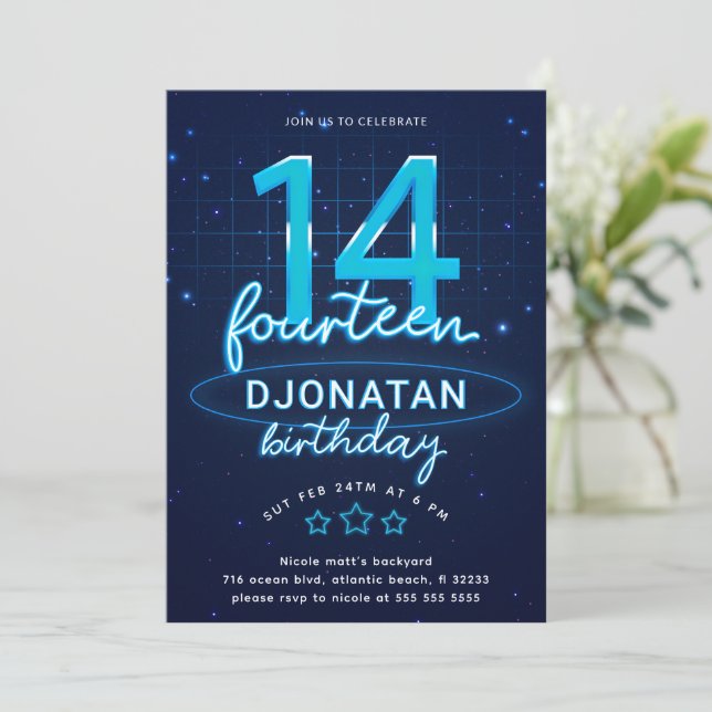 Blue Neon 14th Birthday Party Let's Glow Crazy Invitation (Standing Front)