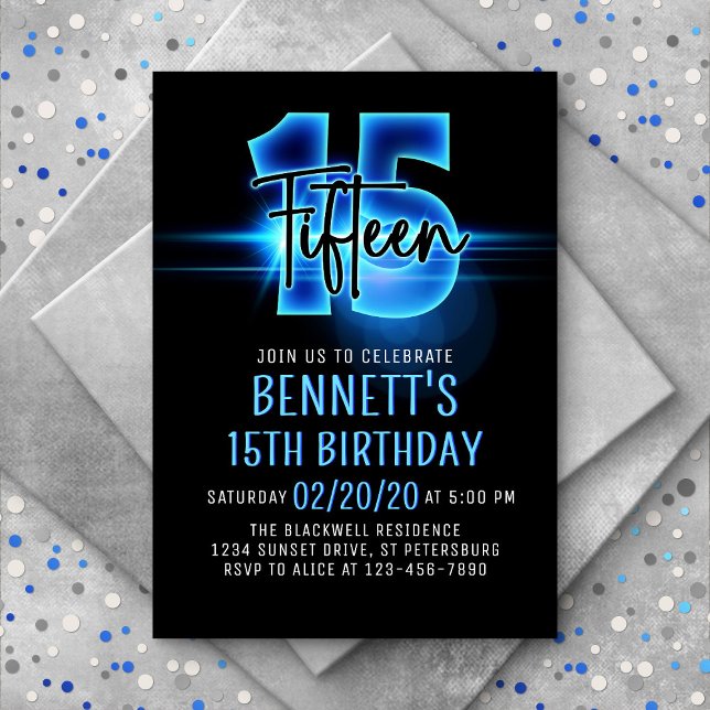 Blue Neon 15e anniversaire Invitation (Créateur téléchargé)