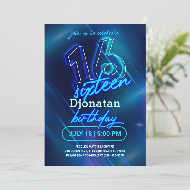 Blue Neon 16th Birthday Party Invitation Card (Standing Front)