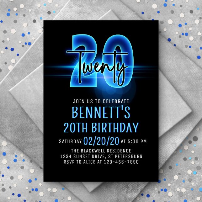 Blue Neon 20e anniversaire Invitation (Créateur téléchargé)
