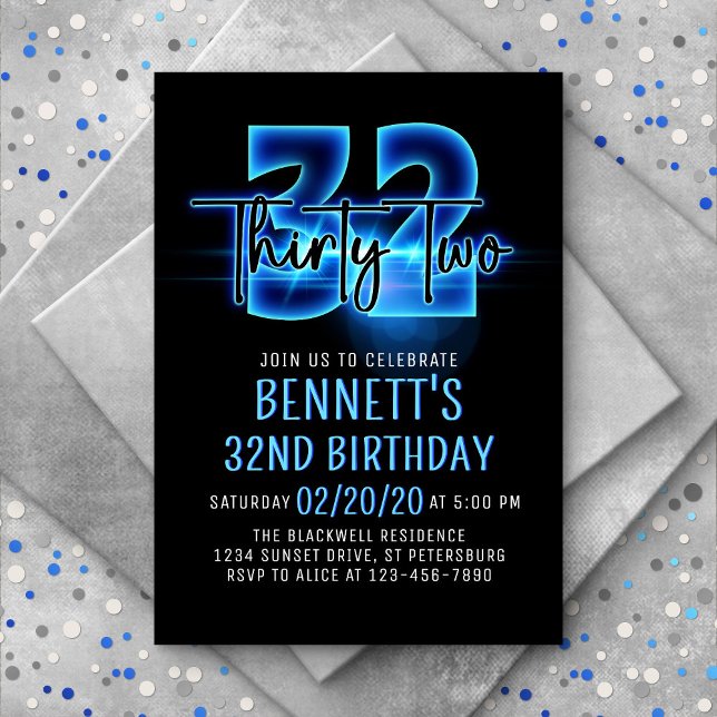 Blue Neon 32nd Birthday Invitation (Creator Uploaded)