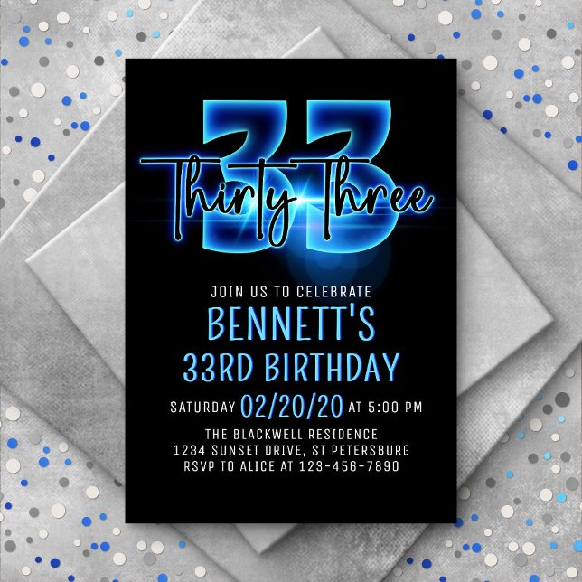 Blue Neon 33rd Birthday Invitation (Creator Uploaded)