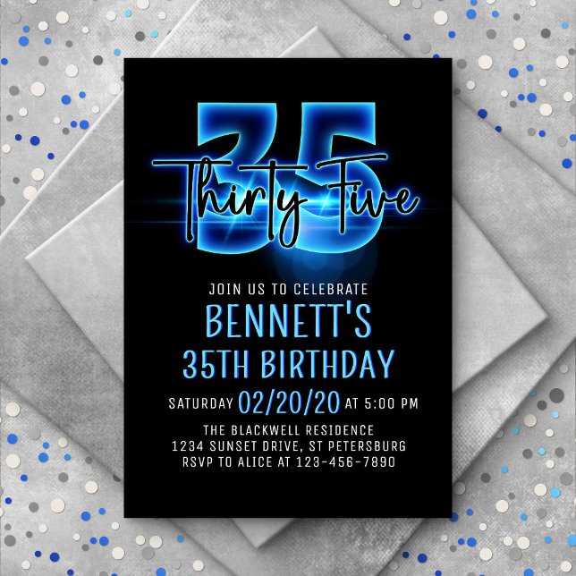 Blue Neon 35th Birthday Invitation (Creator Uploaded)