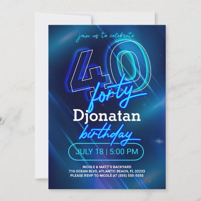 Blue Neon 40th Birthday Party Invitation Card (Devant)