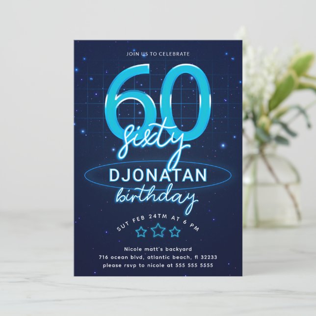 Blue Neon 60th Birthday Party Let's Glow Crazy Invitation (Standing Front)