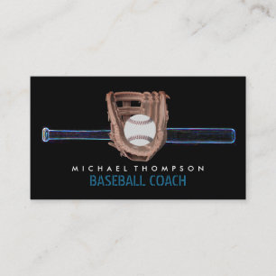 Blue Neon Baseball Bat, Ball and Glove, Baseball Business Card