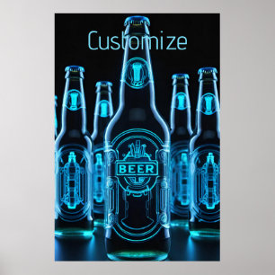 Blue Neon Beer Bottles Poster