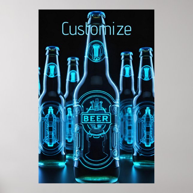 Blue Neon Beer Bottles Poster (Front)
