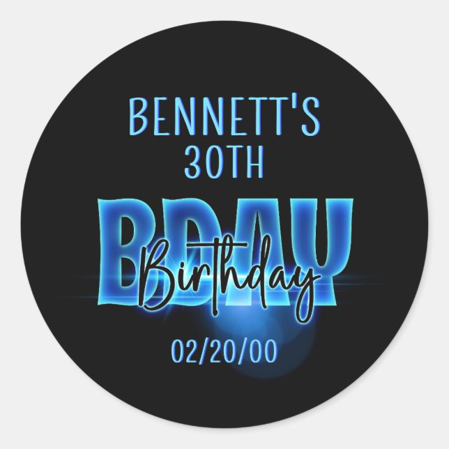 Blue Neon Birthday Classic Round Sticker (Front)