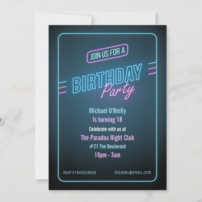 Blue Neon Birthday Invitation (Front)