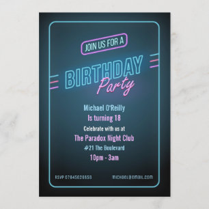 Blue Neon Birthday Invitation