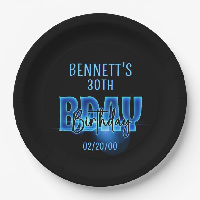 Blue Neon Birthday Paper Plate (Front)