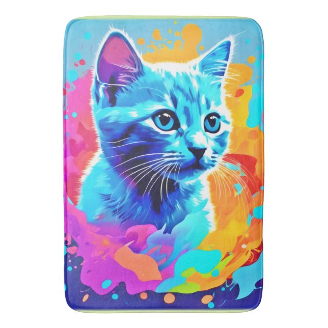Blue Neon Cat in Splatter Bath Mat (Front Vertical)