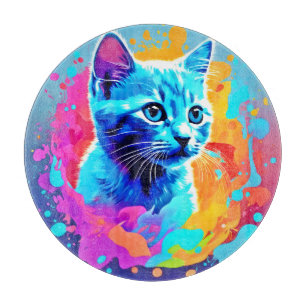 Blue Neon Cat in Splatter Cutting Board