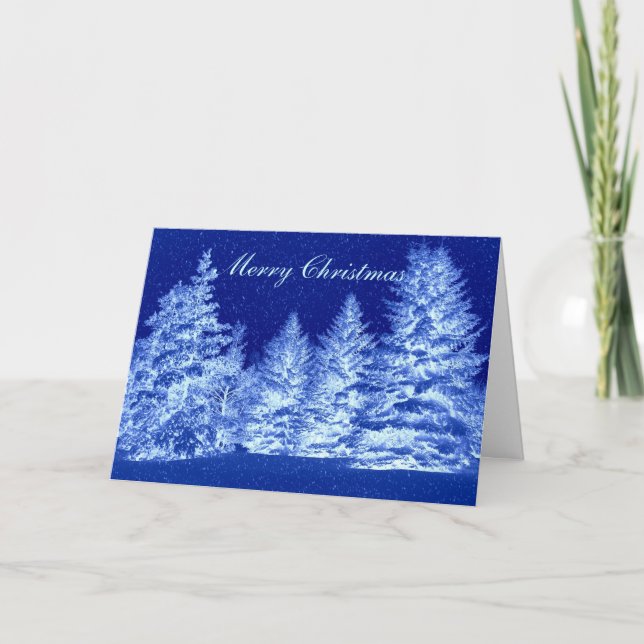 Blue Neon Christmas Trees Holiday Card (Front)