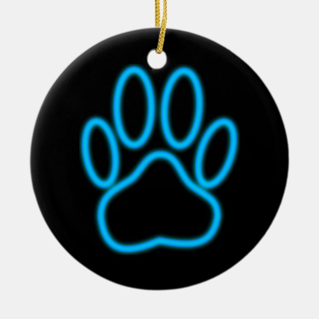 Blue Neon Dog Paw Print Ceramic Ornament (Front)