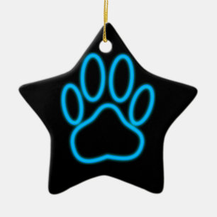 Blue Neon Dog Paw Print Ceramic Ornament