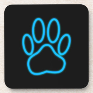 Blue Neon Dog Paw Print Coaster