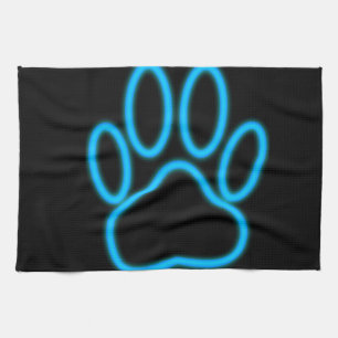 Blue Neon Dog Paw Print Kitchen Towel
