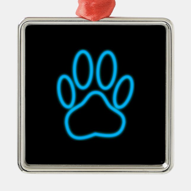 Blue Neon Dog Paw Print Metal Ornament (Front)