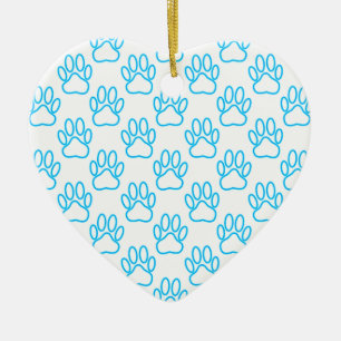 Blue Neon Dog Paw Print Pattern Ceramic Ornament