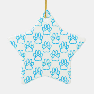 Blue Neon Dog Paw Print Pattern Ceramic Ornament