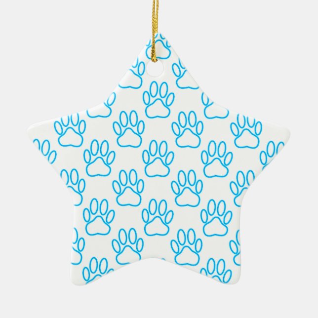 Blue Neon Dog Paw Print Pattern Ceramic Ornament (Front)