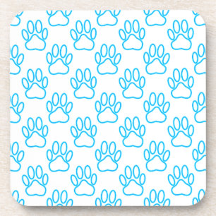 Blue Neon Dog Paw Print Pattern Coaster