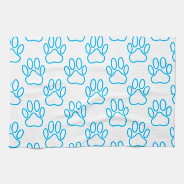 Blue Neon Dog Paw Print Pattern Kitchen Towel (Horizontal)