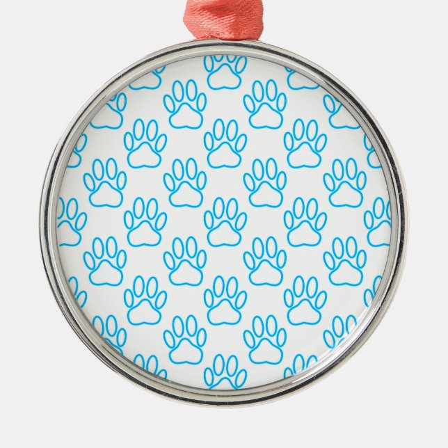 Blue Neon Dog Paw Print Pattern Metal Ornament (Front)