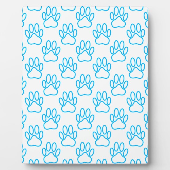 Blue Neon Dog Paw Print Pattern Plaque (Front)